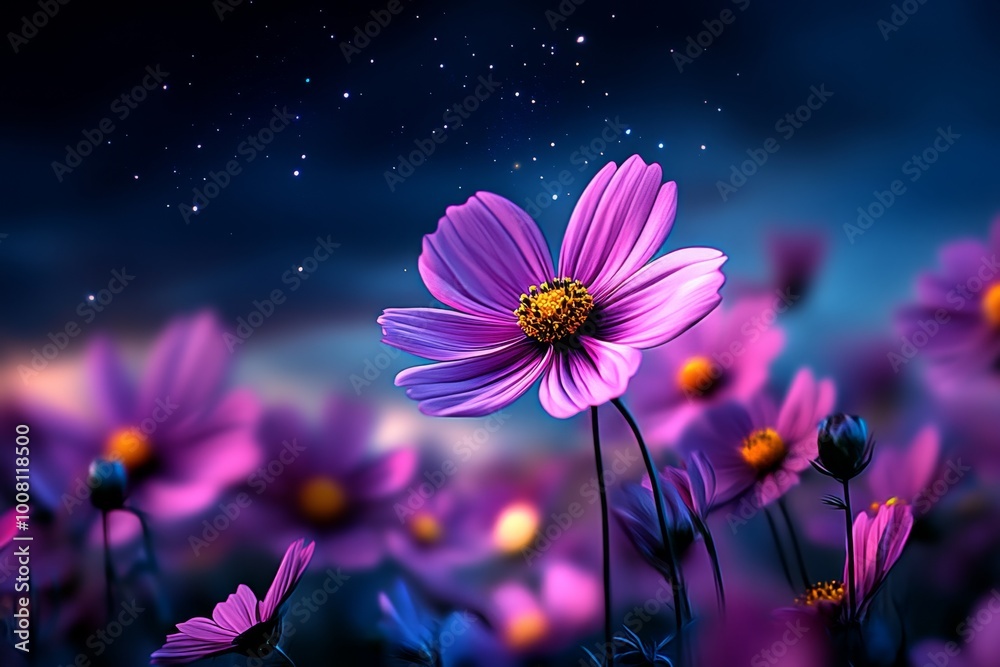 A magical field of flowers under a twilight sky, where the blooms are illuminated by soft starlight and appear to glow with a mystical energy A magical field of flowers under a twilight sky, where the blooms are illuminated by soft starlight and appear to glow with a mystical energy