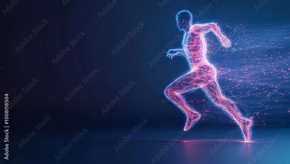 A mesmerizing depiction of a digital figure sprinting through an energetic burst of light, embodying speed, agility, and the essence of human movement in stunning detail.