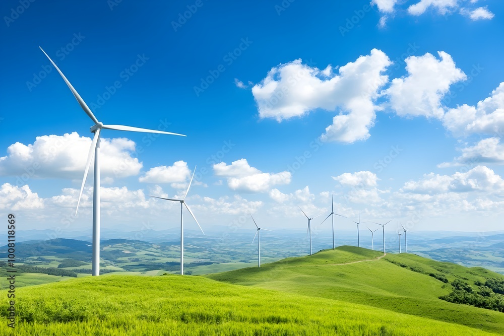 Wind turbines spinning on a sunny day against a blue sky with fluffy white clouds,set in a picturesque rural landscape of rolling green hills and fields,representing renewable energy,sustainability. Wind turbines spinning on a sunny day against a blue sky with fluffy white clouds,set in a picturesque rural landscape of rolling green hills and fields,representing renewable energy,sustainability.