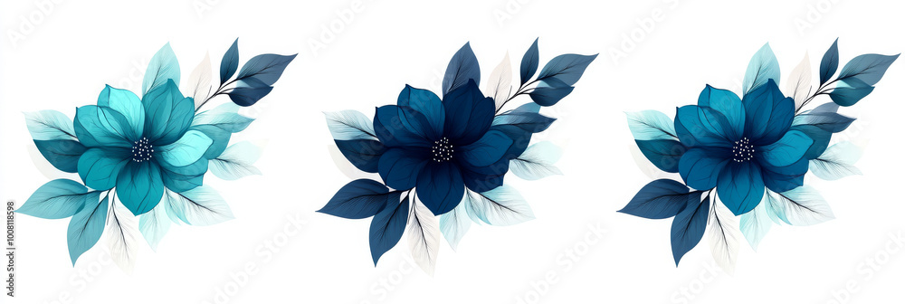 Three blue floral bouquets on white background. Three blue floral bouquets on white background.