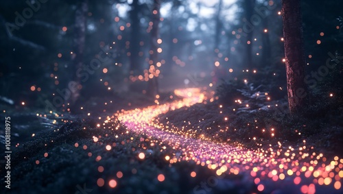 A stunning, enchanted forest path glowing with countless sparkling lights, inviting exploration and igniting the imagination amidst a mystical atmosphere of beauty. photo