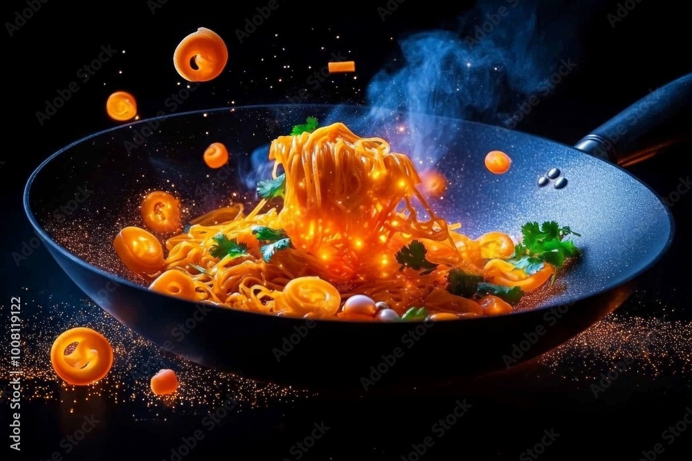 A magical wok tossing glowing Pad Thai noodles, where the ingredients sparkle and float in the air, creating a fantastical cooking scene A magical wok tossing glowing Pad Thai noodles, where the ingredients sparkle and float in the air, creating a fantastical cooking scene