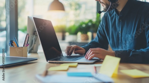 An employee multitasking with a headset on, typing on a laptop, and looking at notes on their desk.