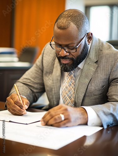 A meticulous individual signing legal documents in a contemporary workspace, exemplifying professionalism and precision. photo