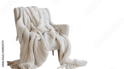 Warm blanket draped over a cozy chair, on white background