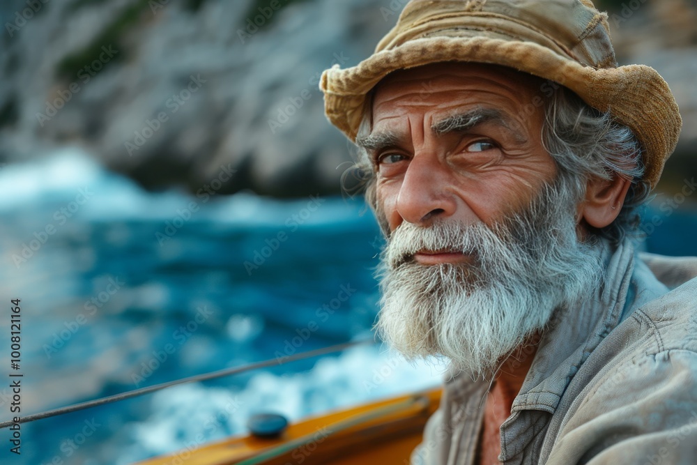 Gray-haired and bearded man fisherman in a boat