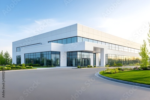Photograph of a sleek and contemporary commercial building powered by a hydrogen fuel cell unit,positioned along the golden lines to optimize the clean energy within the building's exterior design.