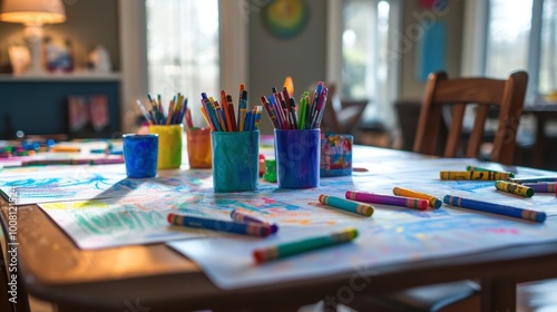 Wallpaper Mural A children's art table, covered with paper, crayons, and colorful markers, ready for creative play. Torontodigital.ca