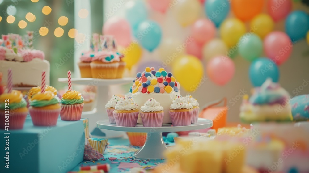 A child's birthday party table, covered with colorful decorations, cupcakes, and presents.