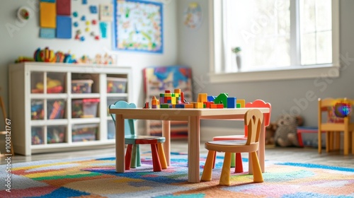A child's play table with colorful toys and blocks, set up in a brightly lit playroom.