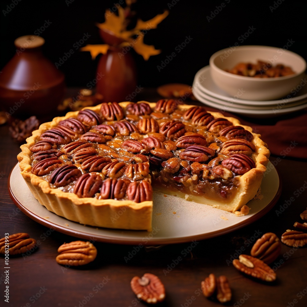 pecan pie on a plate on an old wooden rustic table, horizontal view from side, close-up