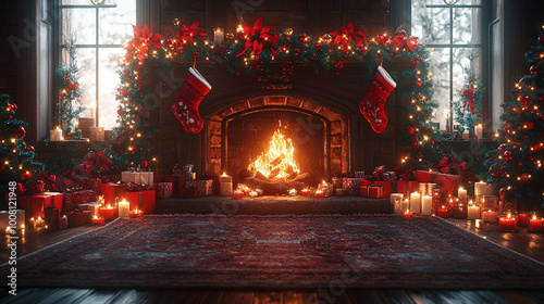 cozy christmas fireplace with candles and ornaments in rustic cabin interior