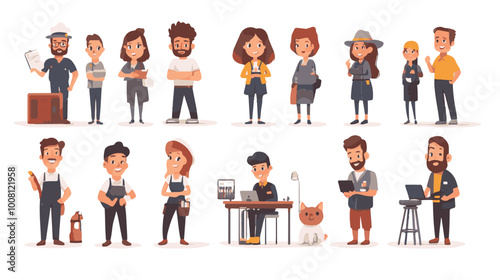 People cartoon characters of different profession and job occupation at workspace isolated set vector illustration