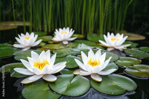 A serene landscape of a wetland filled with water lilies, their delicate white flowers floating on the calm surface of the water, surrounded by dense green reeds