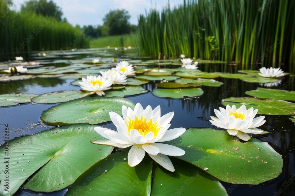 A serene landscape of a wetland filled with water lilies, their delicate white flowers floating on the calm surface of the water, surrounded by dense green reeds A serene landscape of a wetland filled with water lilies, their delicate white flowers floating on the calm surface of the water, surrounded by dense green reeds