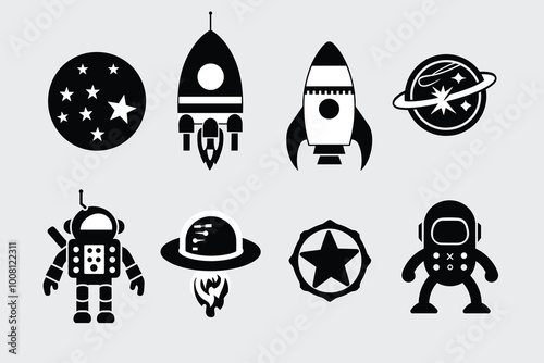 Space monochrome elements set with astronaut shuttles and rockets cosmic objects observatory and radar isolated, Space explorations icons. 