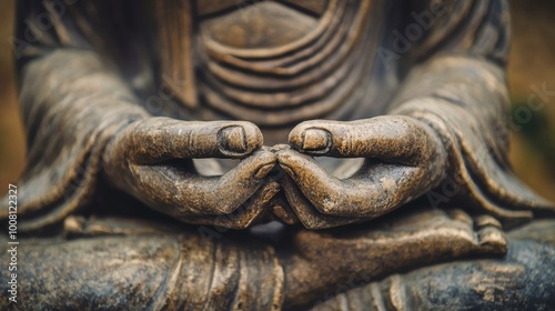 A close-up of a Buddha statue hands resting in dhyana mudra, symbolizing deep meditation and inner peace.