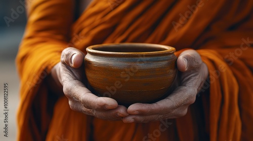A close-up of a Buddhist monk hands holding a small bowl during a traditional alms ceremony.