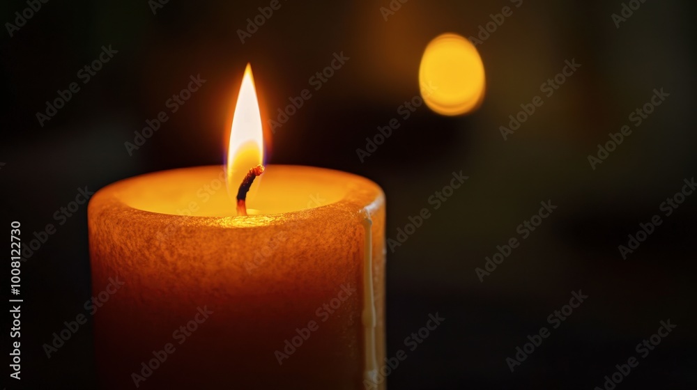 A close-up of a burning candle with an orange flame flickering in the dark, creating a cozy and warm atmosphere. A close-up of a burning candle with an orange flame flickering in the dark, creating a cozy and warm atmosphere.