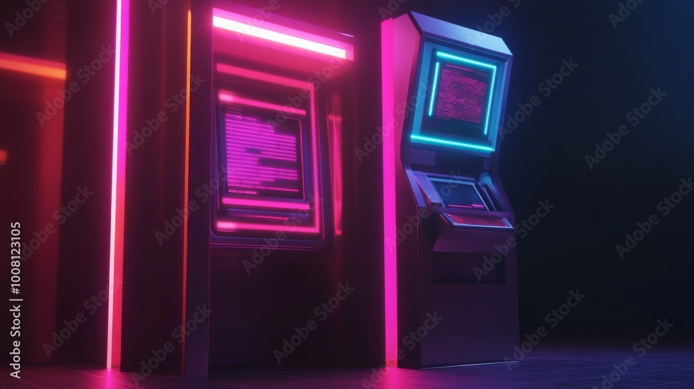 Two futuristic neon-lit ATMs in a dark room Two futuristic neon-lit ATMs in a dark room