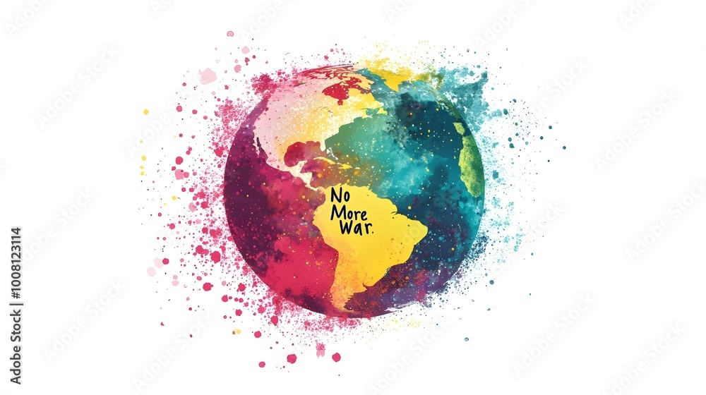 No More War: A Beautiful Globe of Unity; A white background with a detailed illustration of the Earth made up of colorful tiny dots, symbolizing global unity and peace. No More War: A Beautiful Globe of Unity; A white background with a detailed illustration of the Earth made up of colorful tiny dots, symbolizing global unity and peace.