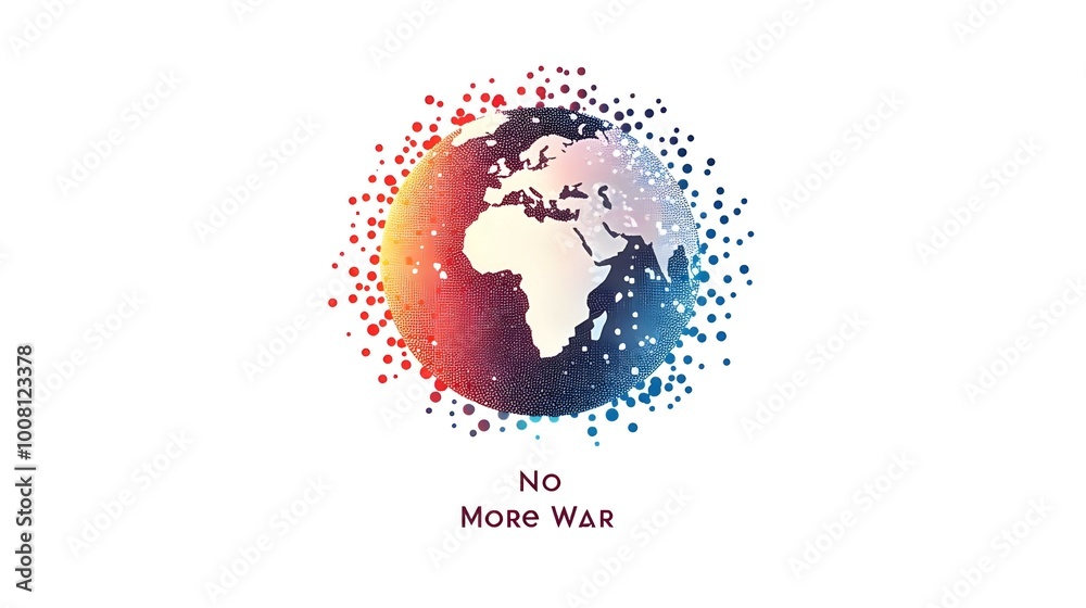 No More War: A Beautiful Globe of Unity; A white background with a detailed illustration of the Earth made up of colorful tiny dots, symbolizing global unity and peace. No More War: A Beautiful Globe of Unity; A white background with a detailed illustration of the Earth made up of colorful tiny dots, symbolizing global unity and peace.