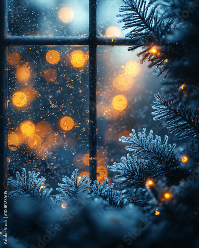 frosted pine tree branches with golden lights - winter wonderland window view - blue and yellow colors - cozy holiday feeling