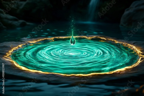 A teardrop falling into a glowing pool of liquid light, creating ripples that radiate soft magical energy, symbolizing the enchantment of emotional release