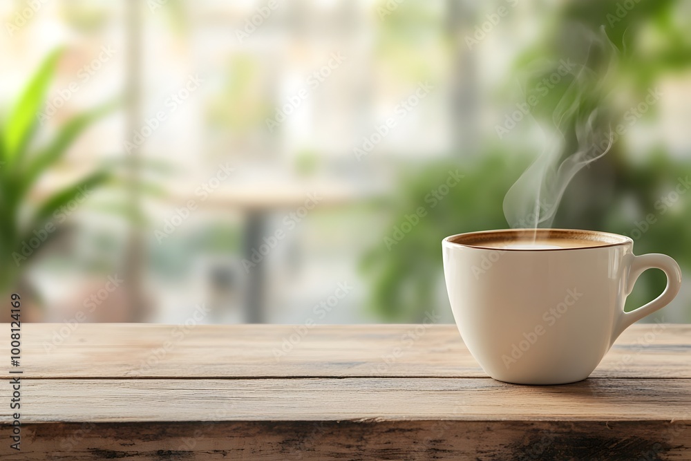 Close-up of a steaming hot cup of coffee placed on a rustic wooden table,with a blurred cafe ambiance and cozy atmosphere in the background. Close-up of a steaming hot cup of coffee placed on a rustic wooden table,with a blurred cafe ambiance and cozy atmosphere in the background.