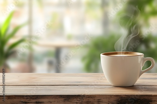 Close-up of a steaming hot cup of coffee placed on a rustic wooden table,with a blurred cafe ambiance and cozy atmosphere in the background.