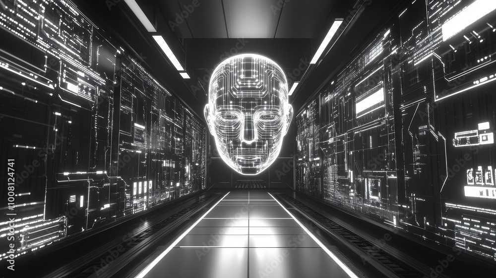 Futuristic digital hallway with a glowing AI face displayed. Futuristic digital hallway with a glowing AI face displayed.