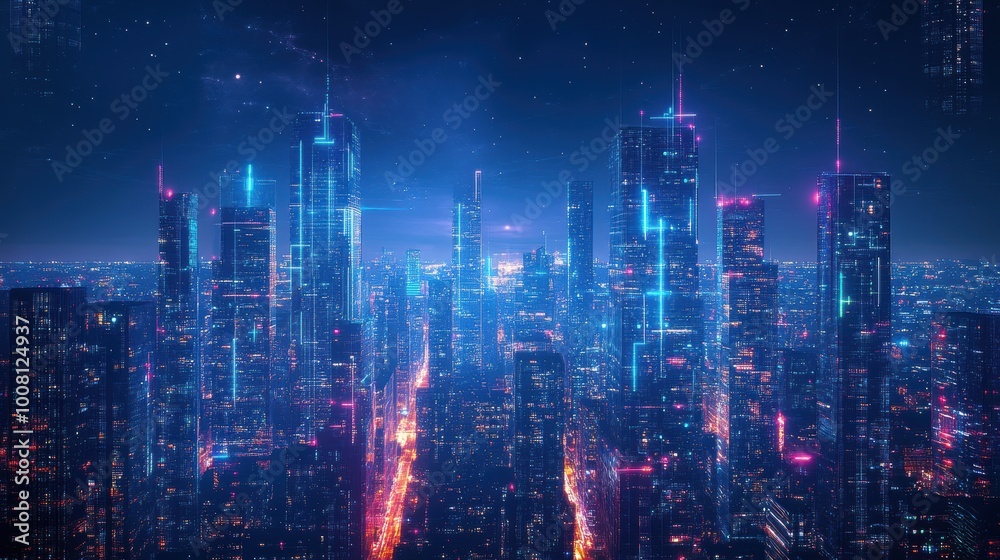 Futuristic skyline view with vibrant city lights at night. Futuristic skyline view with vibrant city lights at night.