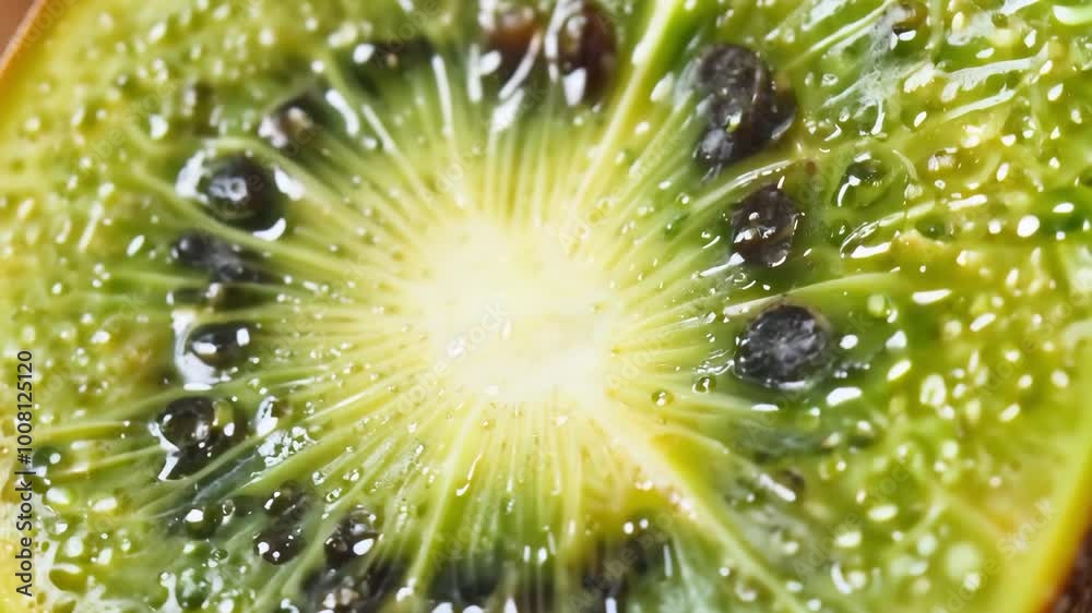 Fresh sliced kiwi with vibrant green seeds and juicy texture in macro view