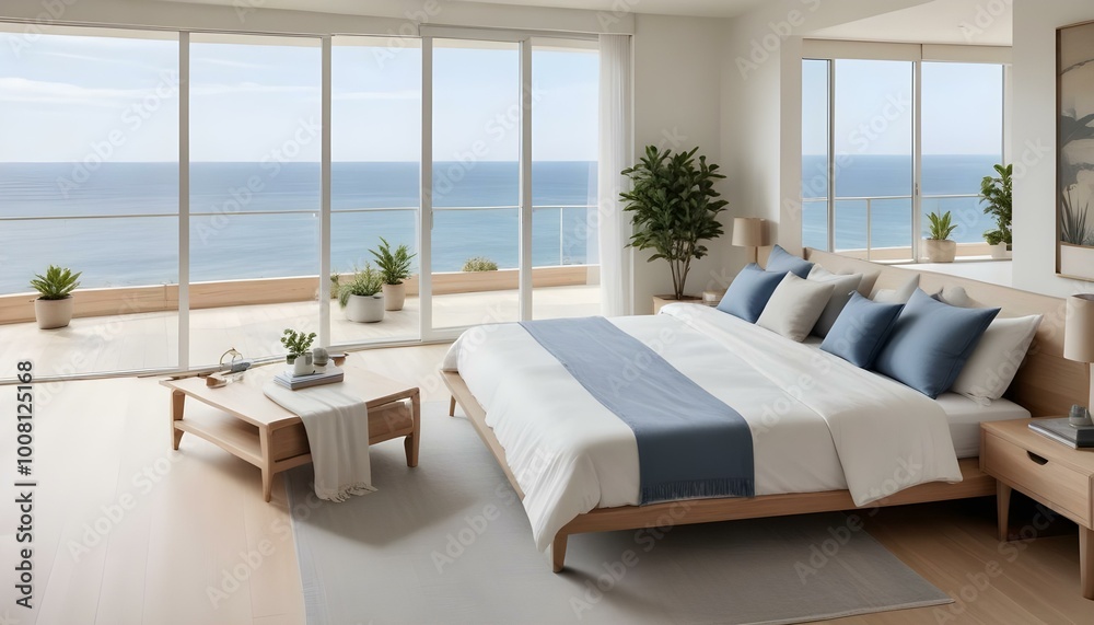 Modern and minimalist bedroom with a large bed and couch facing a panoramic ocean view through floor-to-ceiling windows. Modern and minimalist bedroom with a large bed and couch facing a panoramic ocean view through floor-to-ceiling windows.