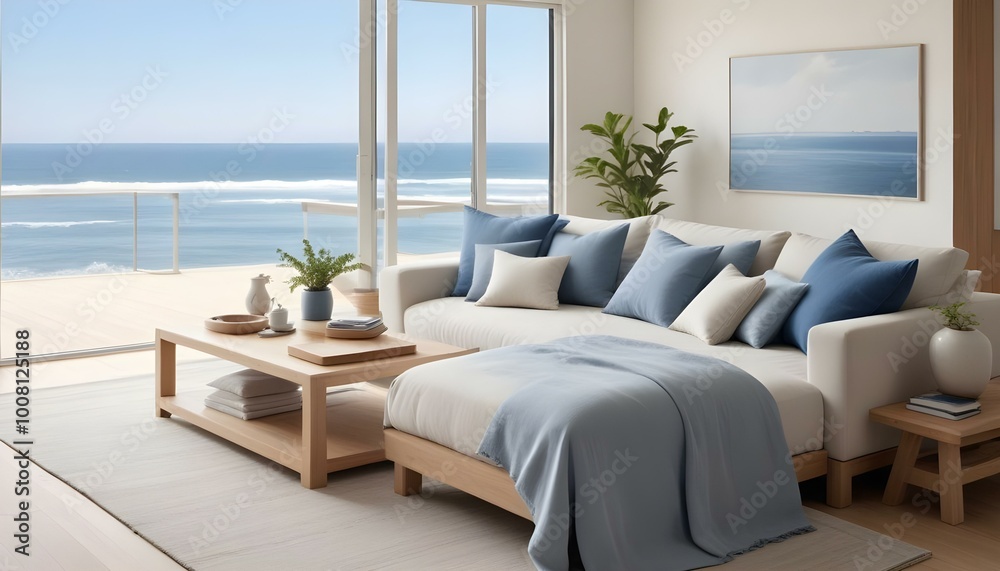 Fototapeta premium Modern and minimalist bedroom with a large bed and couch facing a panoramic ocean view through floor-to-ceiling windows.