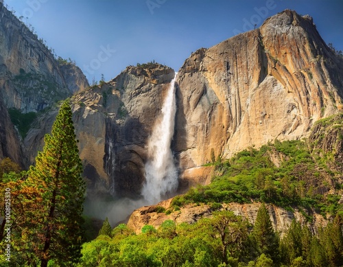 A stunning natural landscape featuring a cascading waterfall, towering cliffs, and lush green forests