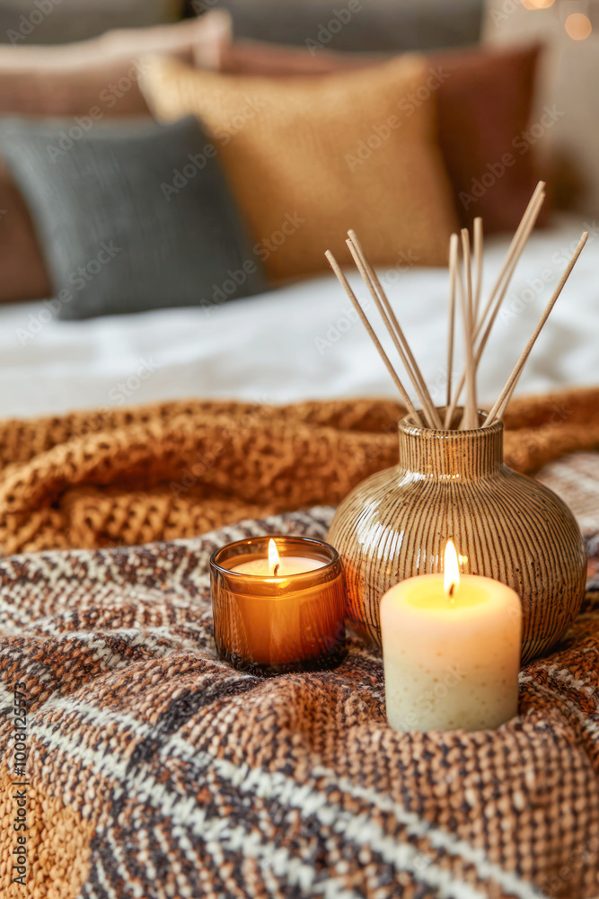 Cozy setting with lit candles and a ceramic diffuser on a soft knitted blanket with pillows in the background. Cozy setting with lit candles and a ceramic diffuser on a soft knitted blanket with pillows in the background.
