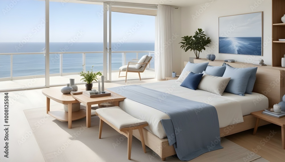 Modern and minimalist bedroom with a large bed and couch facing a panoramic ocean view through floor-to-ceiling windows. Modern and minimalist bedroom with a large bed and couch facing a panoramic ocean view through floor-to-ceiling windows.