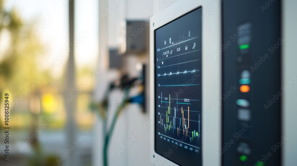 A close-up of a solar inverter displaying real-time data, showing energy generation and consumption statistics. A close-up of a solar inverter displaying real-time data, showing energy generation and consumption statistics.