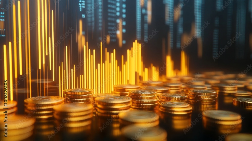 Golden Coins Stacked Against a Background of Abstract Data