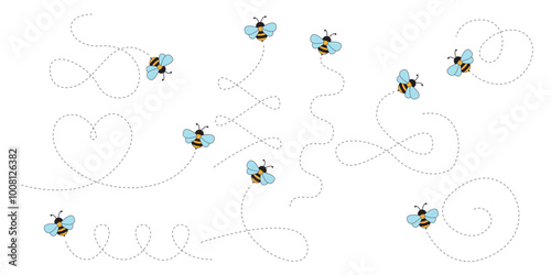 Charming Bees Buzzing Across the Canvas. Playful Dotted Trails Forming Spirals, Loops, and a Heart-Shaped Design