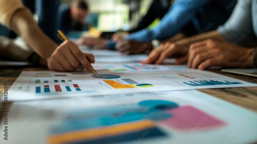 A close-up of a team reviewing a printed report with charts and graphs during a project update meeting. A close-up of a team reviewing a printed report with charts and graphs during a project update meeting.