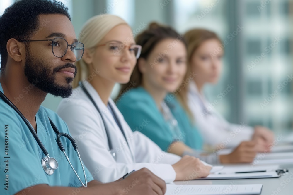 Doctors and nurses of different races and genders attending a medical ethics seminar, ethics in healthcare, diverse team building Doctors and nurses of different races and genders attending a medical ethics seminar, ethics in healthcare, diverse team building