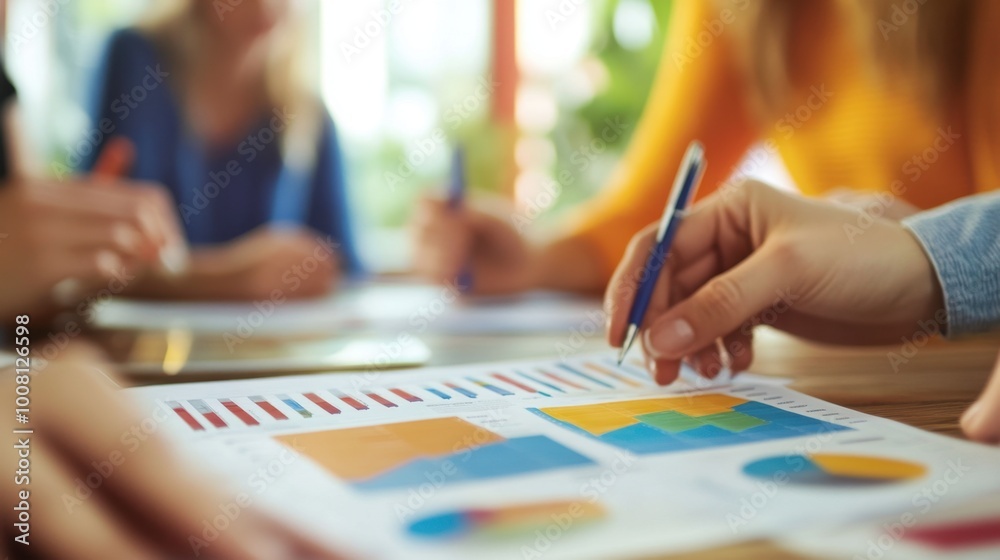 A close-up of a team reviewing a printed report with charts and graphs during a project update meeting. A close-up of a team reviewing a printed report with charts and graphs during a project update meeting.
