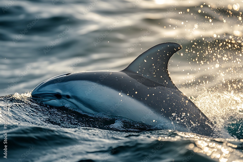 Fototapeta premium Dolphin Breaching the Surface in Golden Sunlight.