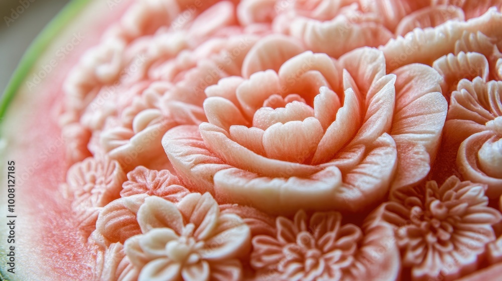 A close-up of a traditional Thai fruit carving, with intricate floral patterns carved into a watermelon. A close-up of a traditional Thai fruit carving, with intricate floral patterns carved into a watermelon.
