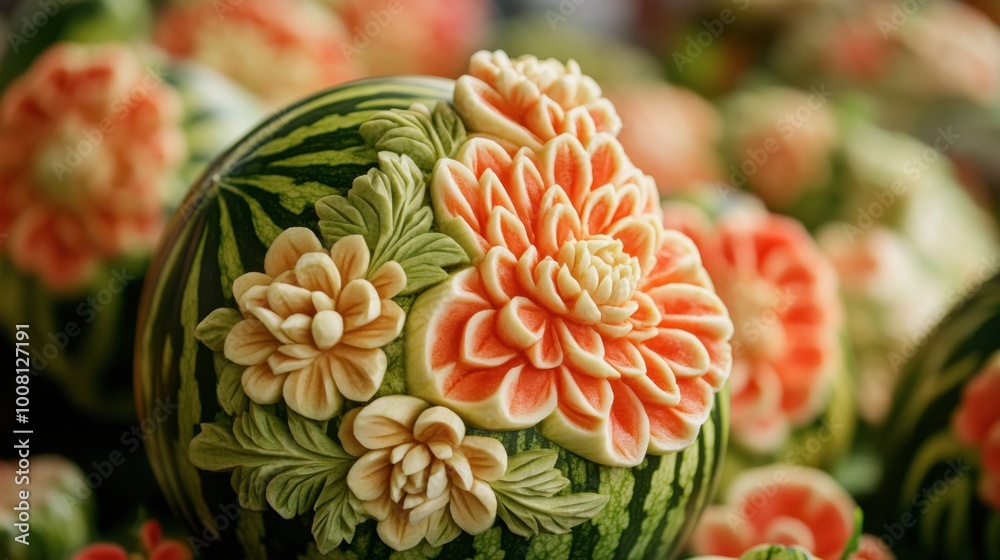 A close-up of a traditional Thai fruit carving, with intricate floral patterns carved into a watermelon. A close-up of a traditional Thai fruit carving, with intricate floral patterns carved into a watermelon.