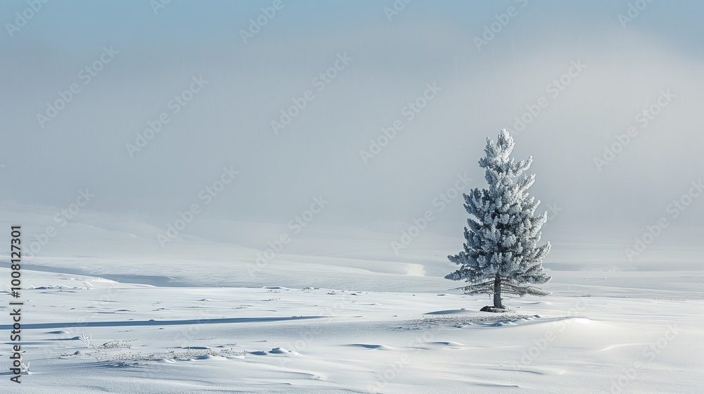 A snow-covered plain with a single evergreen tree. A snow-covered plain with a single evergreen tree.