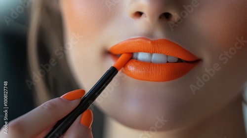 A close-up of a woman applying orange lipstick, with focus on her lips and the vibrant color of the makeup. photo