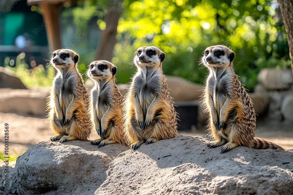 Four Meerkat Standing on a Rock, Looking Up Alertly. Four Meerkat Standing on a Rock, Looking Up Alertly.